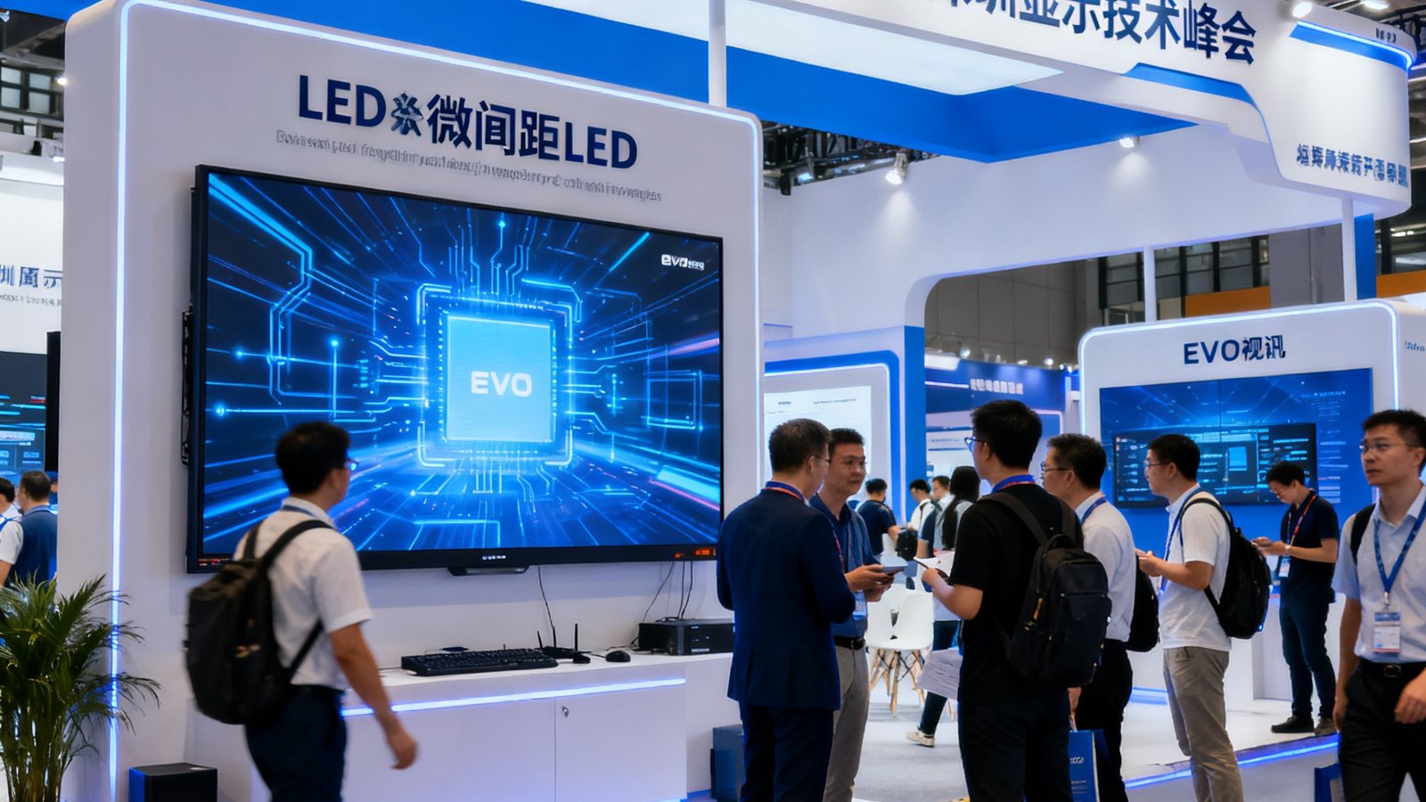 2025年深圳显示技术峰会现场，EVO视讯展位展示了最新的微间距LED产品，参观者络绎不绝