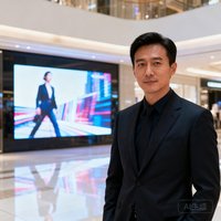 广州某大型商业综合体运营总监，穿西装男士，背景为商场LED大屏